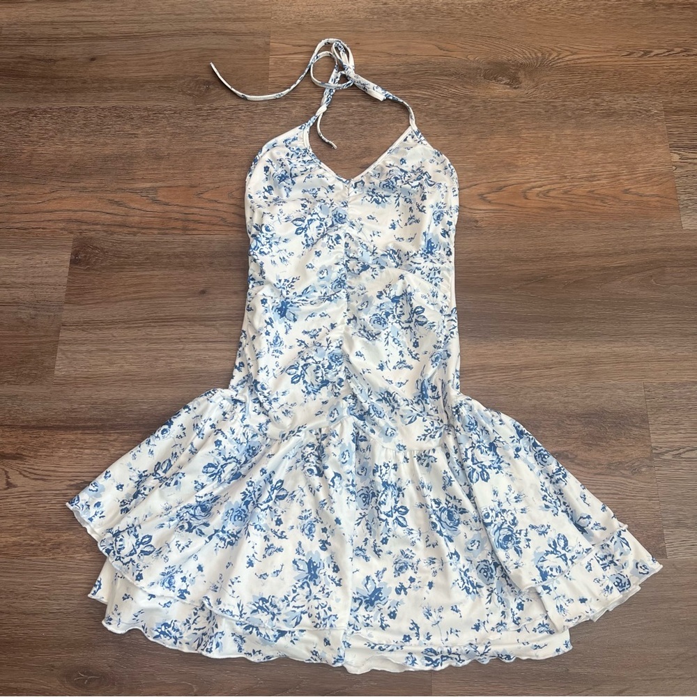Blue White Floral Halter Dress XS Small Cottagecore Mini Dress Ruffle Tiered